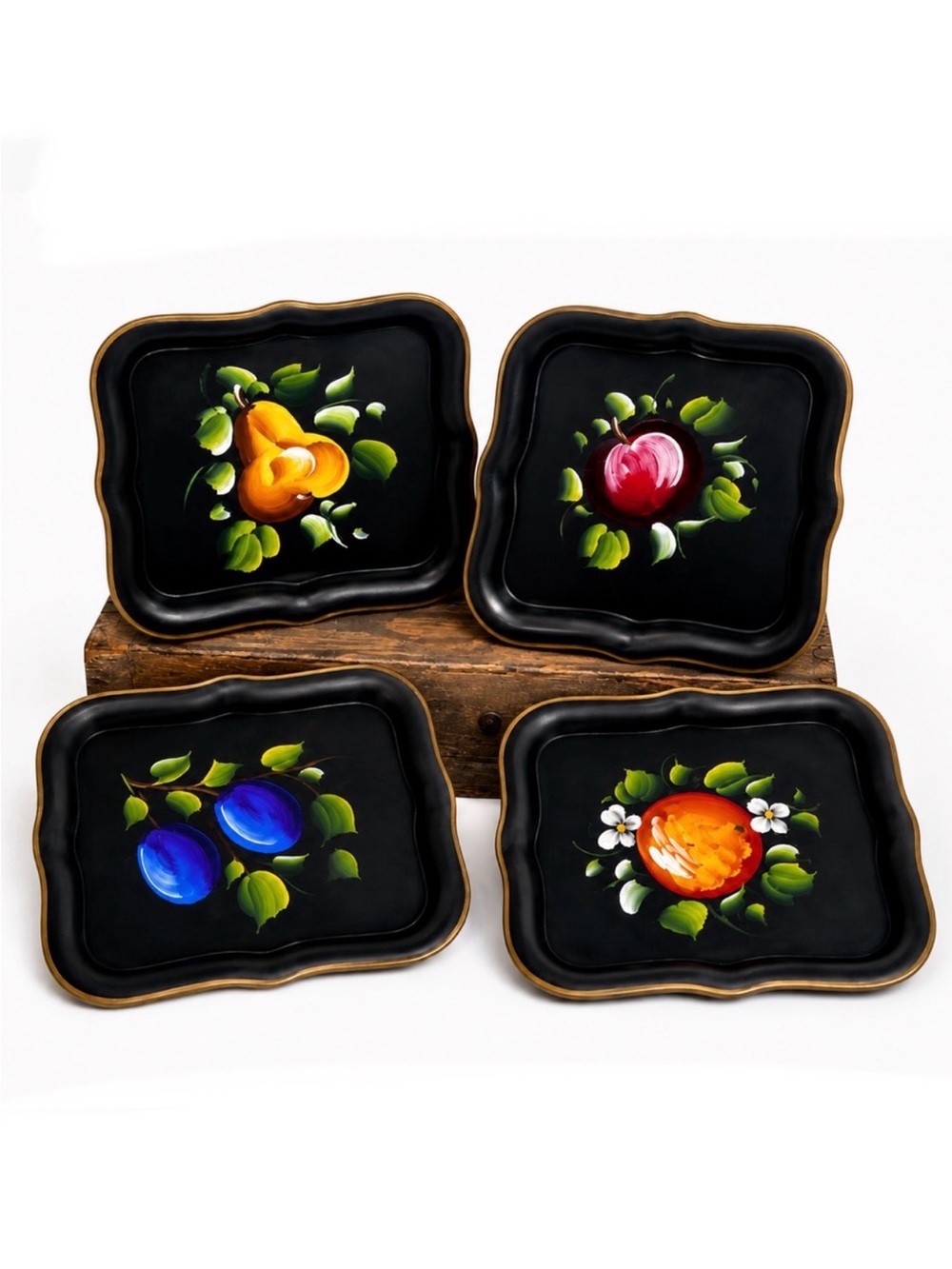 Vintage Nashco Hand Painted Black Tole Snack Trays Set of 4 Fruit Gold Trim